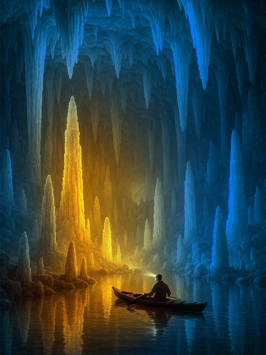 Im Lichtkegel - Tropfsteine in einer Höhle