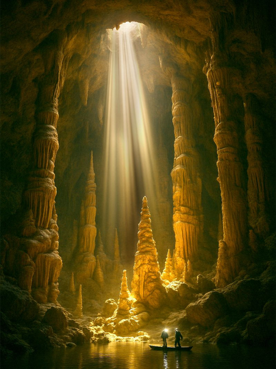Lichtstrahl in die Tiefe einer riesigen Höhle