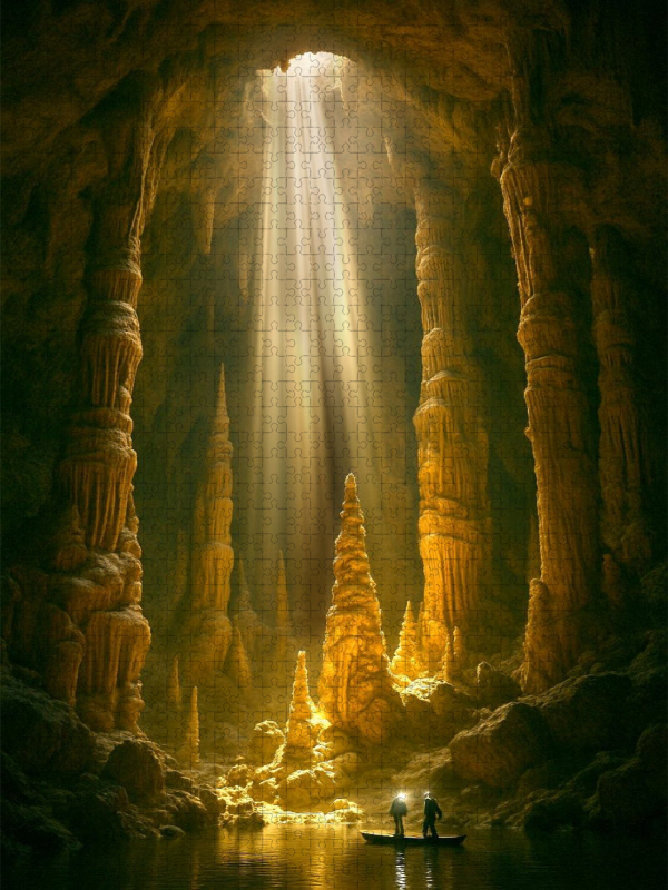 Lichtstrahl in die Tiefe einer riesigen Höhle