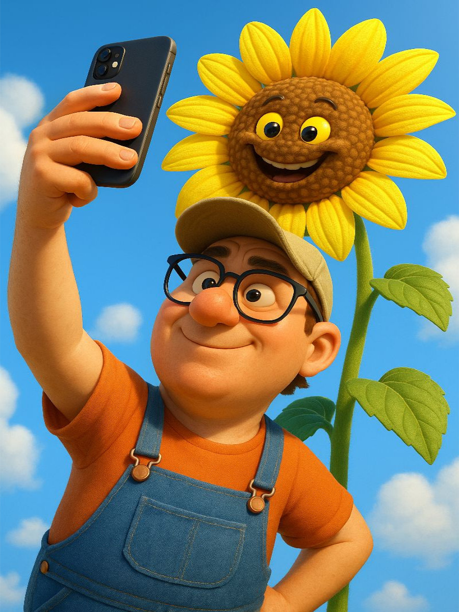 Stolzer Gärtner mit Sonnenblumen Selfie