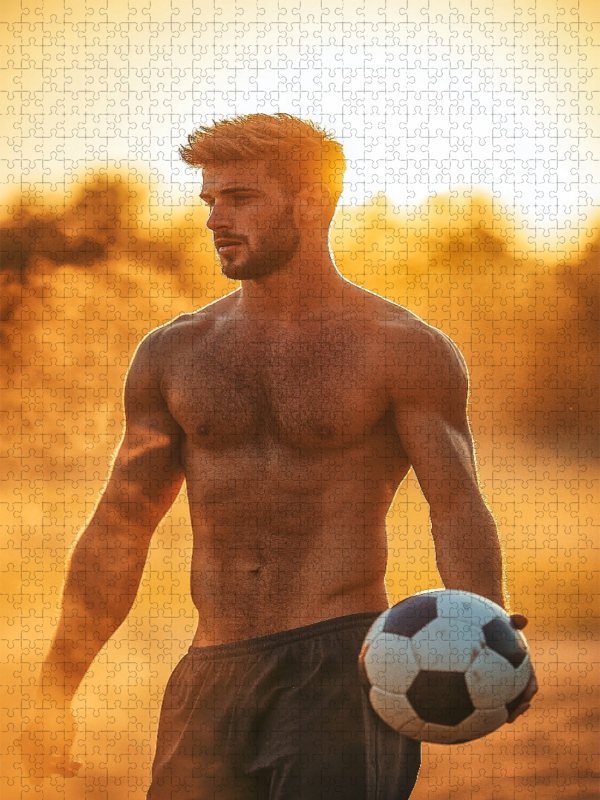 Halbnackter Mann als Fußballspieler im Sonnenlicht