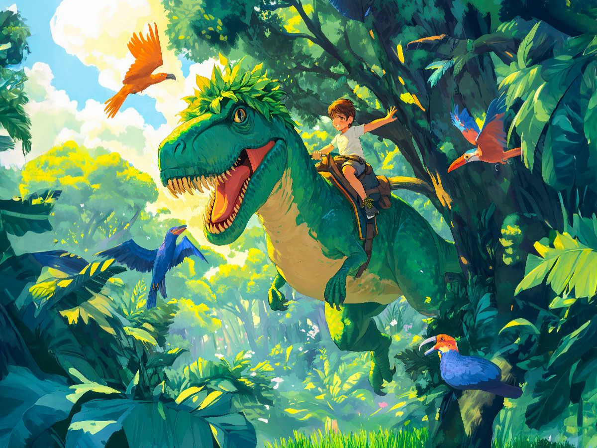 Junge reitet auf T-Rex Dinosaurier durch den Dschungel