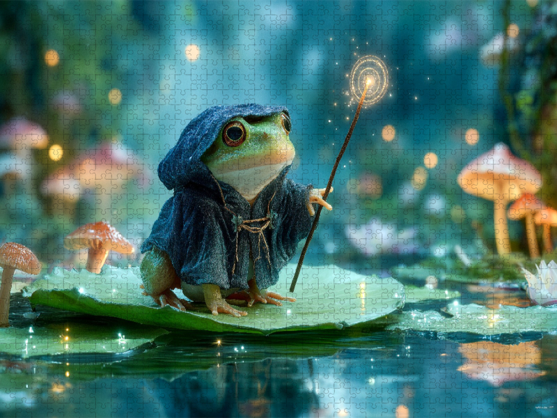 Magischer Frosch mit Zauberstab auf dem Seeblatt