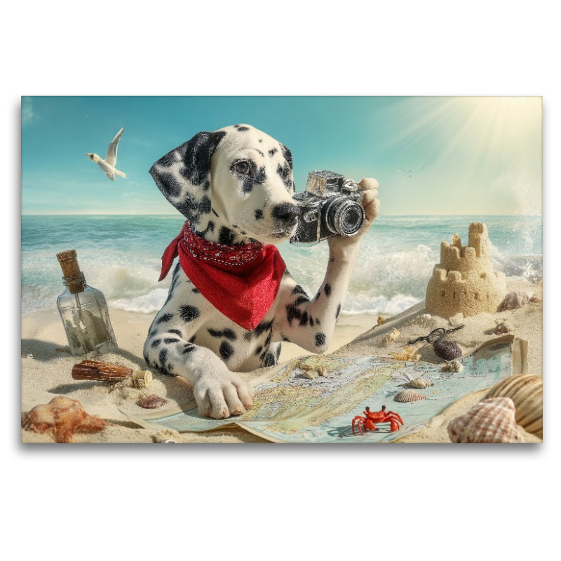 Dalmatiner Hund auf Schatzsuche am Strand mit Karte und Kamera