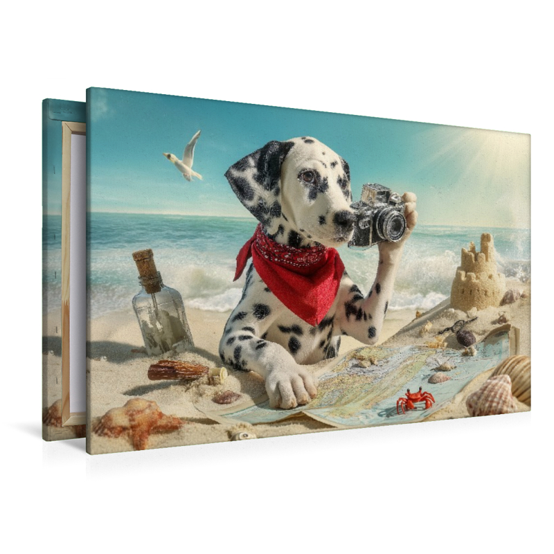Dalmatiner Hund auf Schatzsuche am Strand mit Karte und Kamera