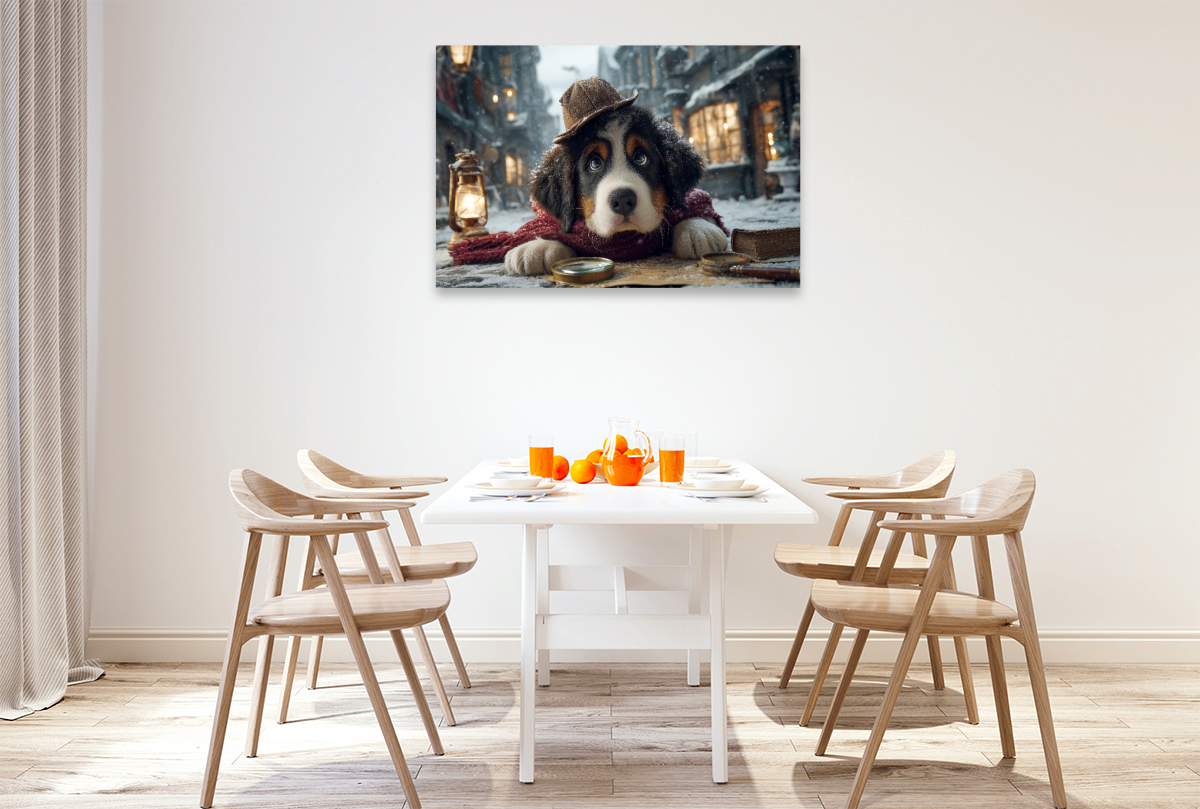 Berner Sennenhund als Detektiv im verschneiten Altstadtviertel