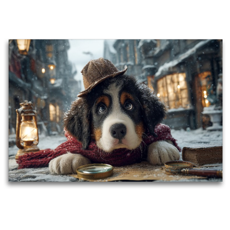 Berner Sennenhund als Detektiv im verschneiten Altstadtviertel