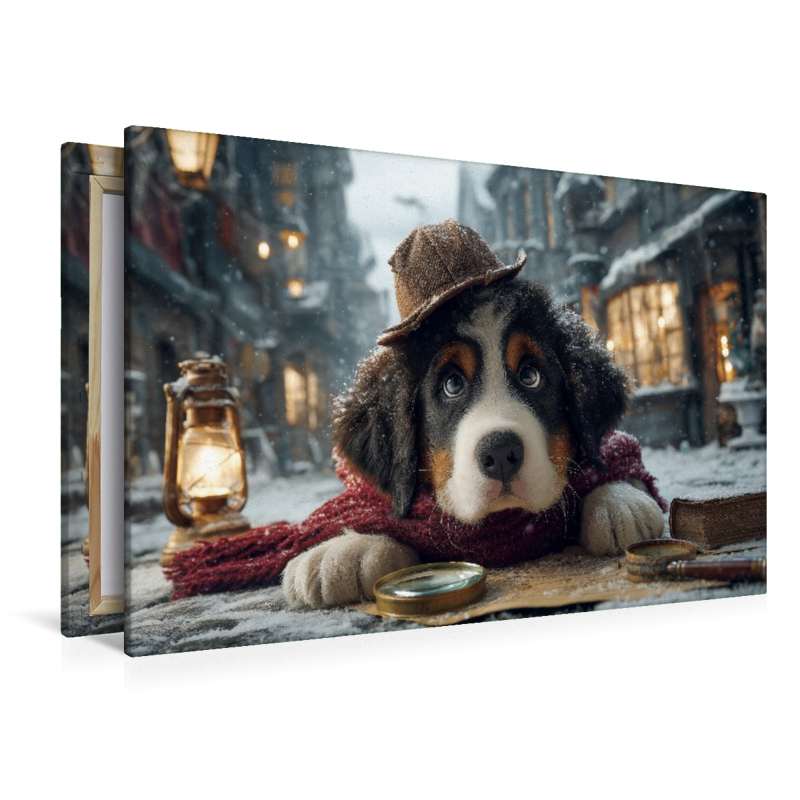 Berner Sennenhund als Detektiv im verschneiten Altstadtviertel