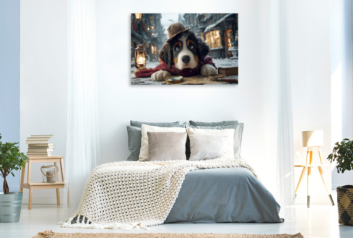 Berner Sennenhund als Detektiv im verschneiten Altstadtviertel