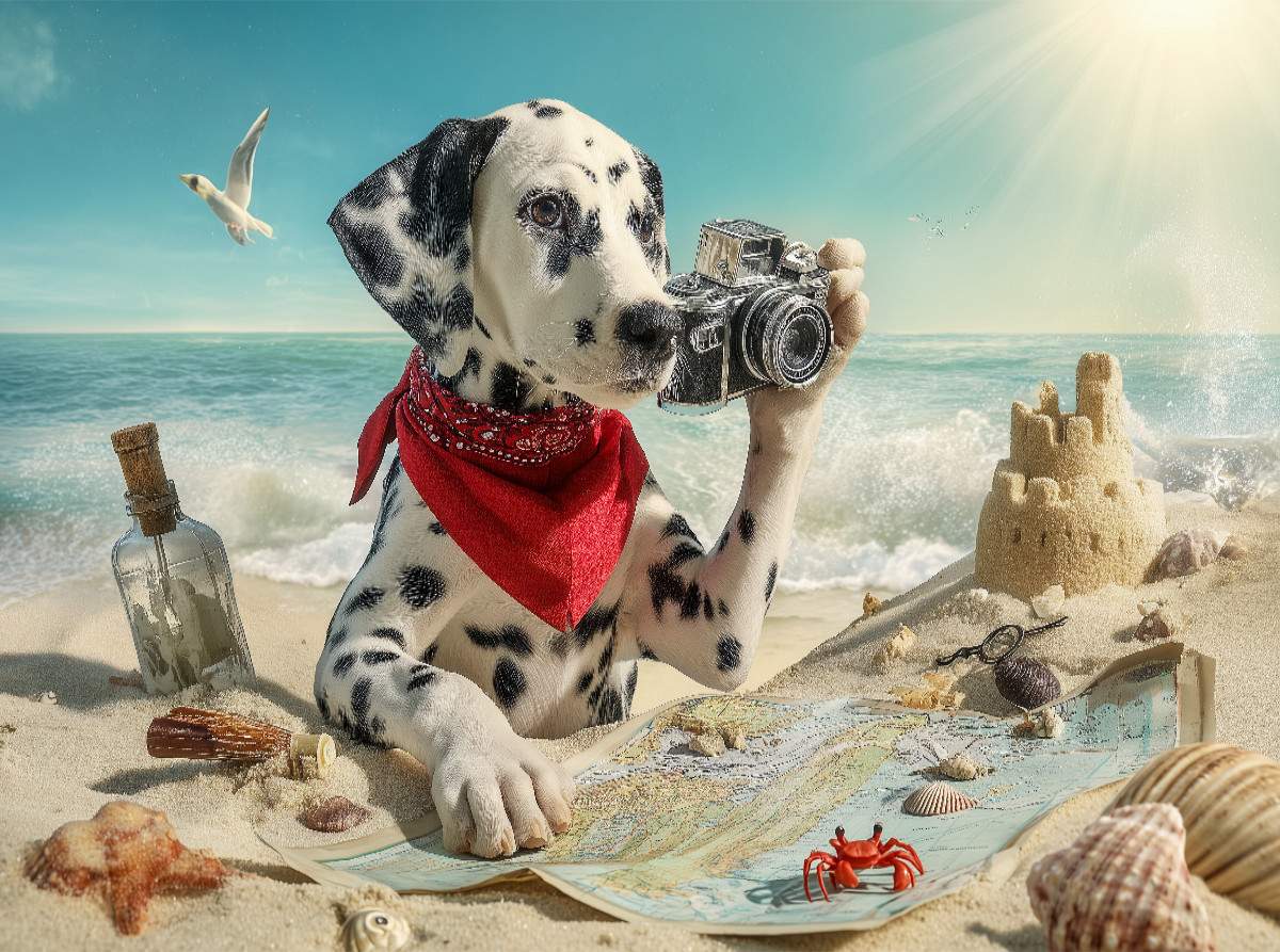 Dalmatiner Hund auf Schatzsuche am Strand mit Karte und Kamera