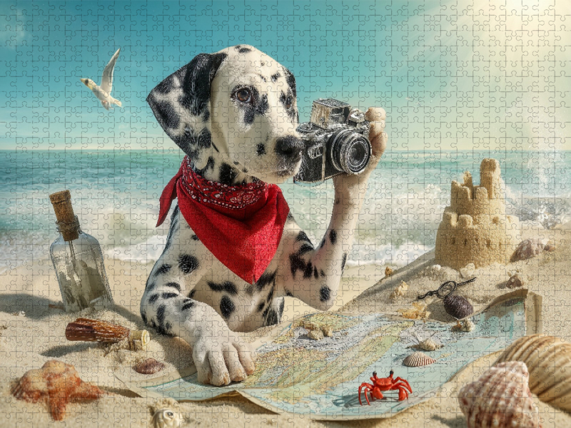 Dalmatiner Hund auf Schatzsuche am Strand mit Karte und Kamera