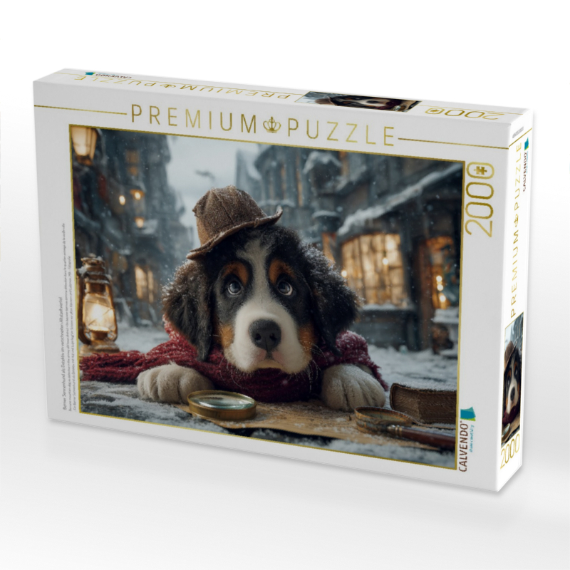 Berner Sennenhund als Detektiv im verschneiten Altstadtviertel