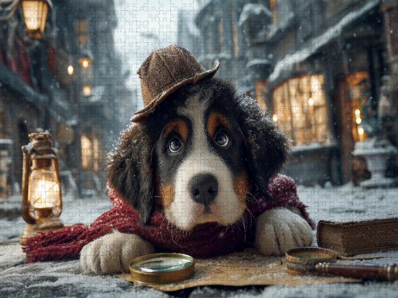 Berner Sennenhund als Detektiv im verschneiten Altstadtviertel