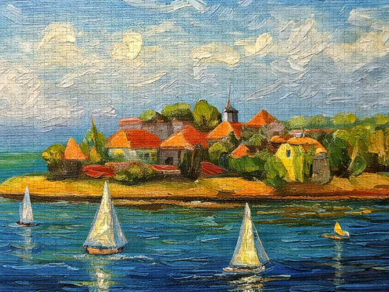 Dorf auf einer Halbinsel in einem großen See