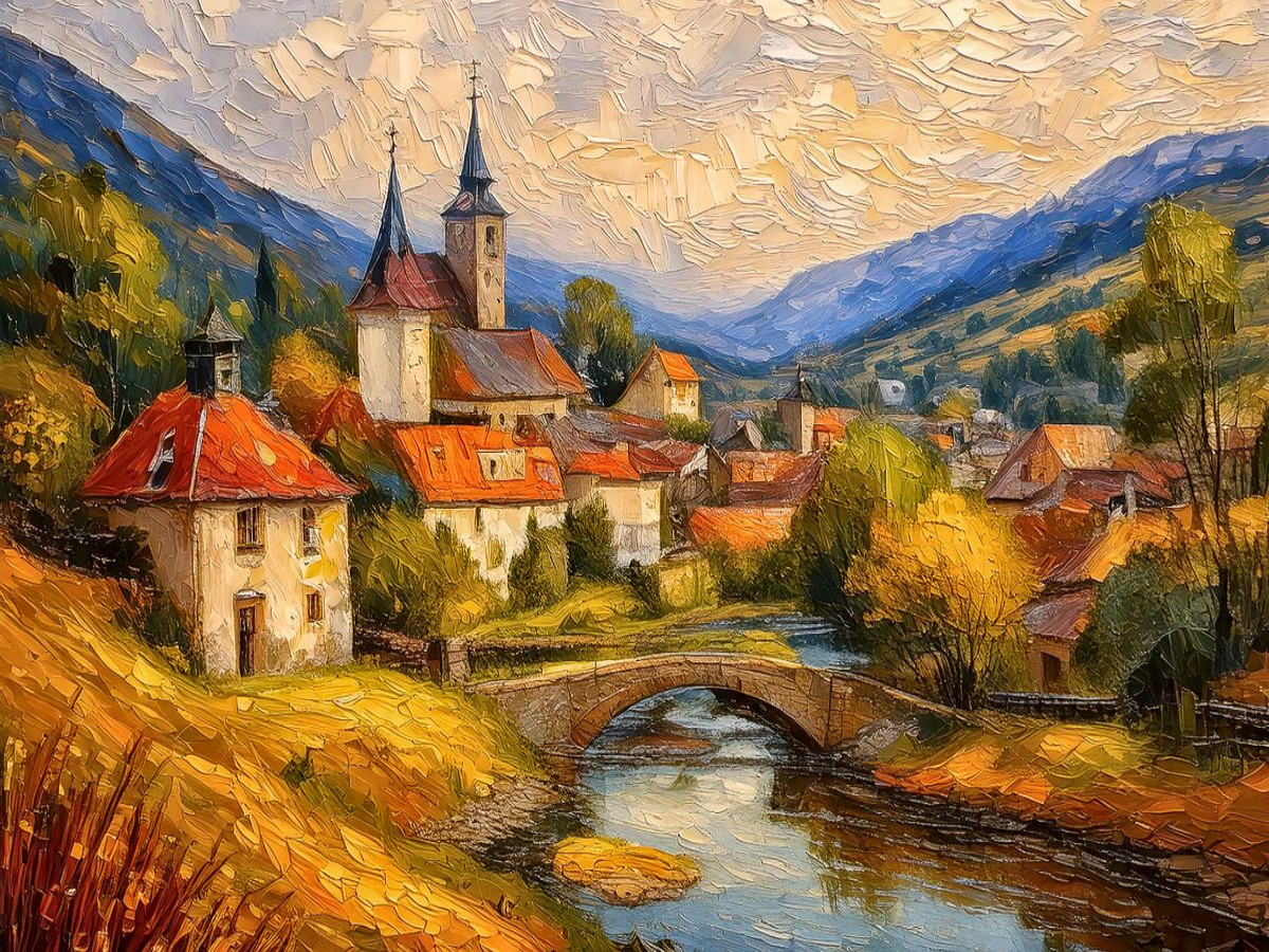 Dorf an einer steinernen Brücke