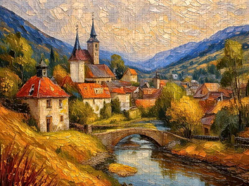 Dorf an einer steinernen Brücke