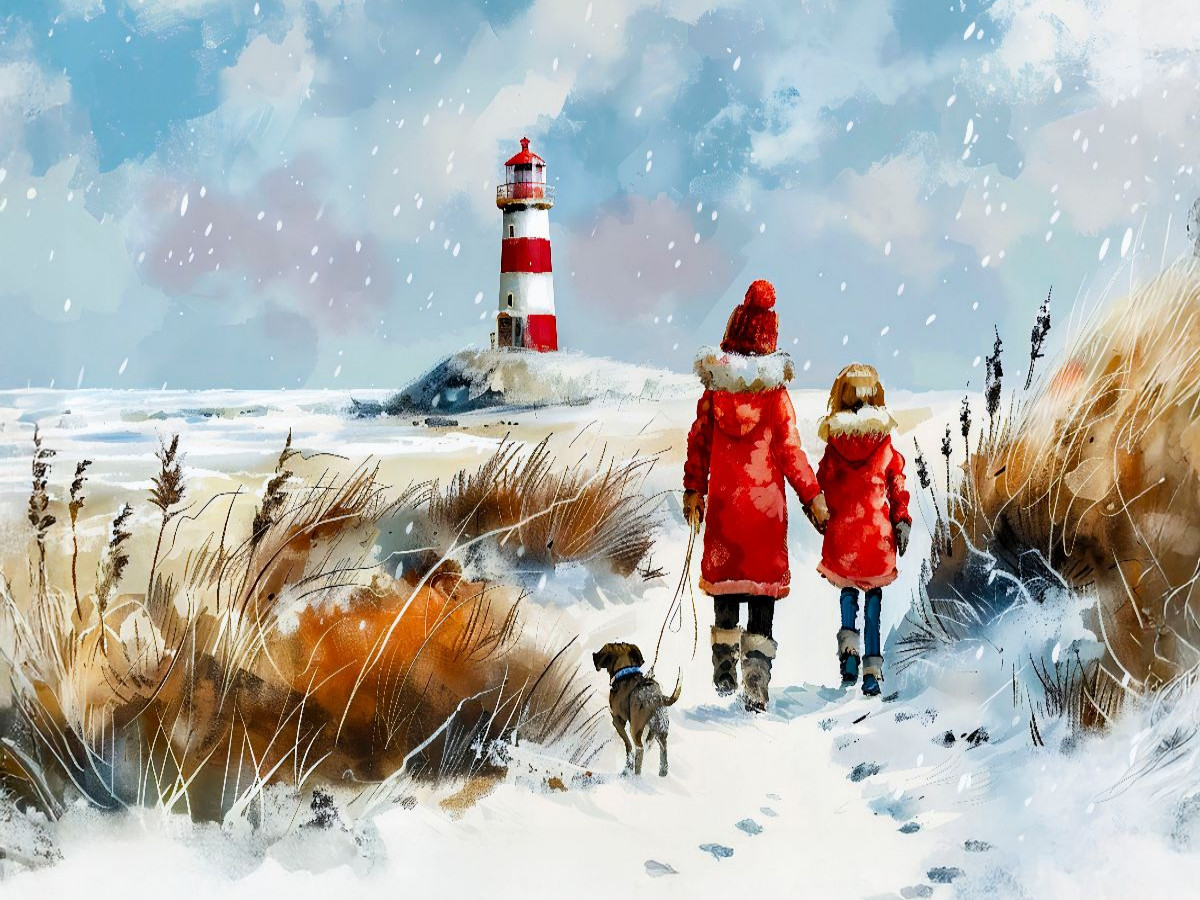 Winterspaziergang mit Hund am Meer Aquarellbild