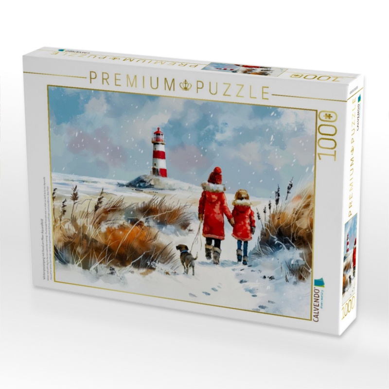 Winterspaziergang mit Hund am Meer Aquarellbild