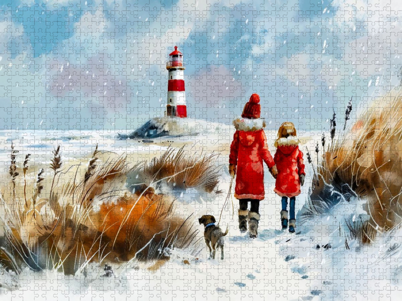 Winterspaziergang mit Hund am Meer Aquarellbild