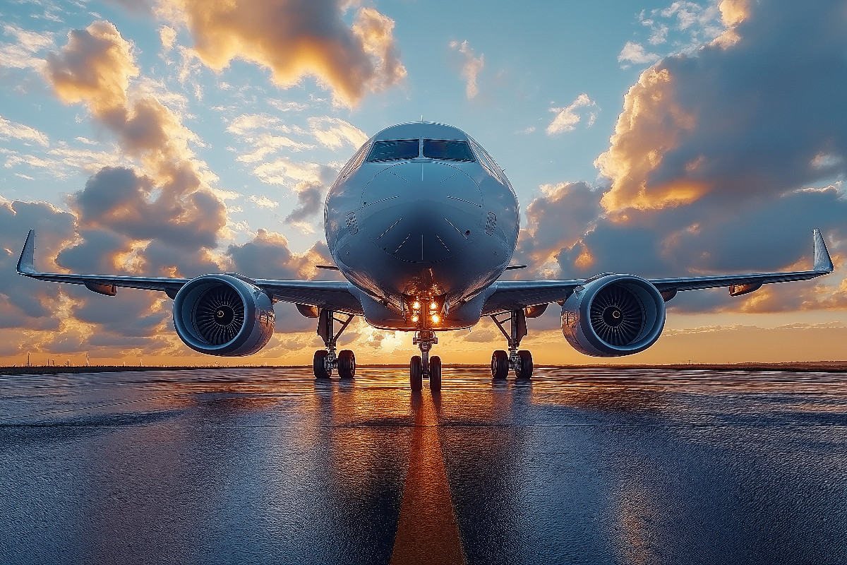 Flugzeug bei Sonnenuntergang auf dem Rollfeld