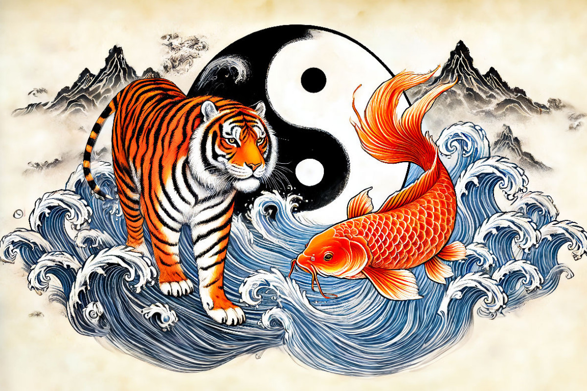 Yin und Yang - Tiger und Koi im asiatischen Malstil