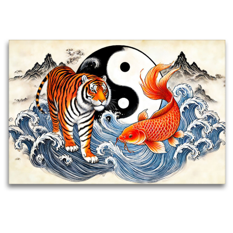 Yin und Yang - Tiger und Koi im asiatischen Malstil