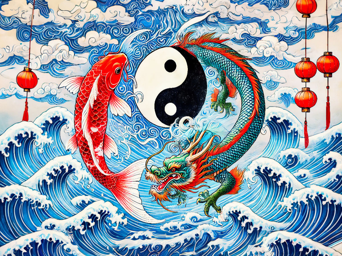 Yin und Yang - Koi und Drache im asiatischen Malstil