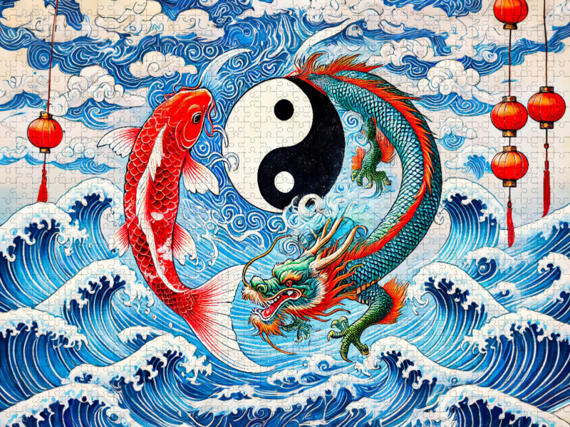 Yin und Yang - Koi und Drache im asiatischen Malstil