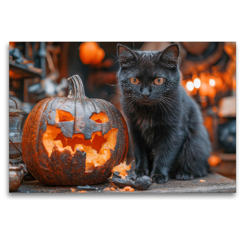 Schwarze süße Katze und Halloween-Kürbis im Kerzenschein