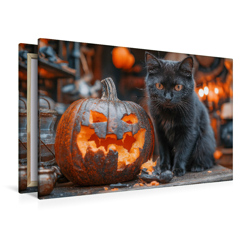 Schwarze süße Katze und Halloween-Kürbis im Kerzenschein