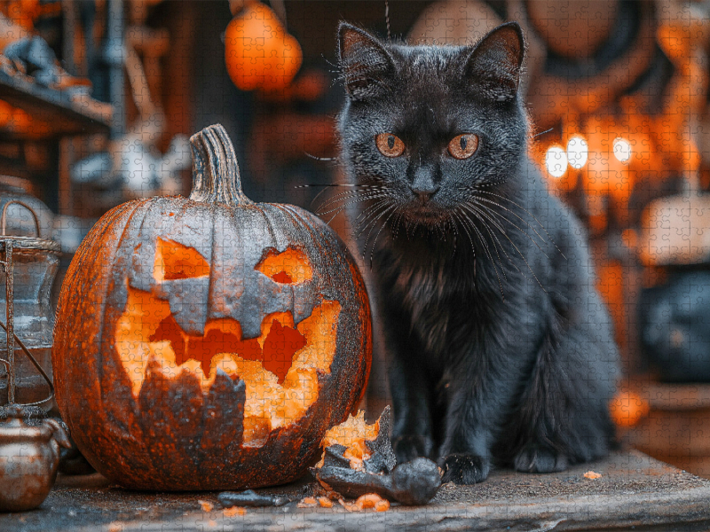 Schwarze süße Katze und Halloween-Kürbis im Kerzenschein