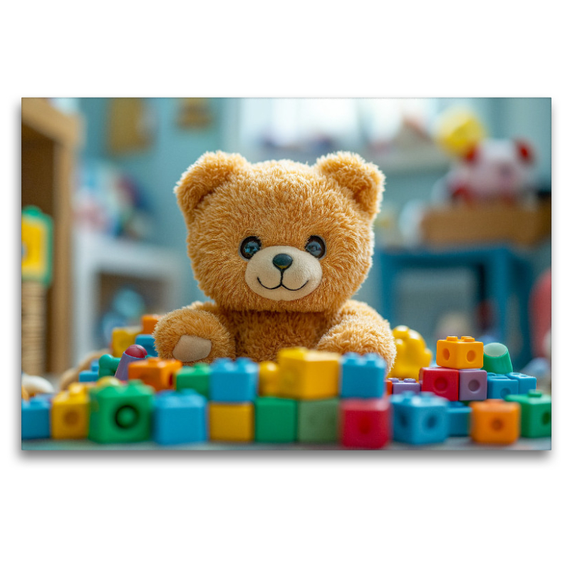 Niedlicher Baby Teddybär im Kinderzimmer mit buntem Spielzeug