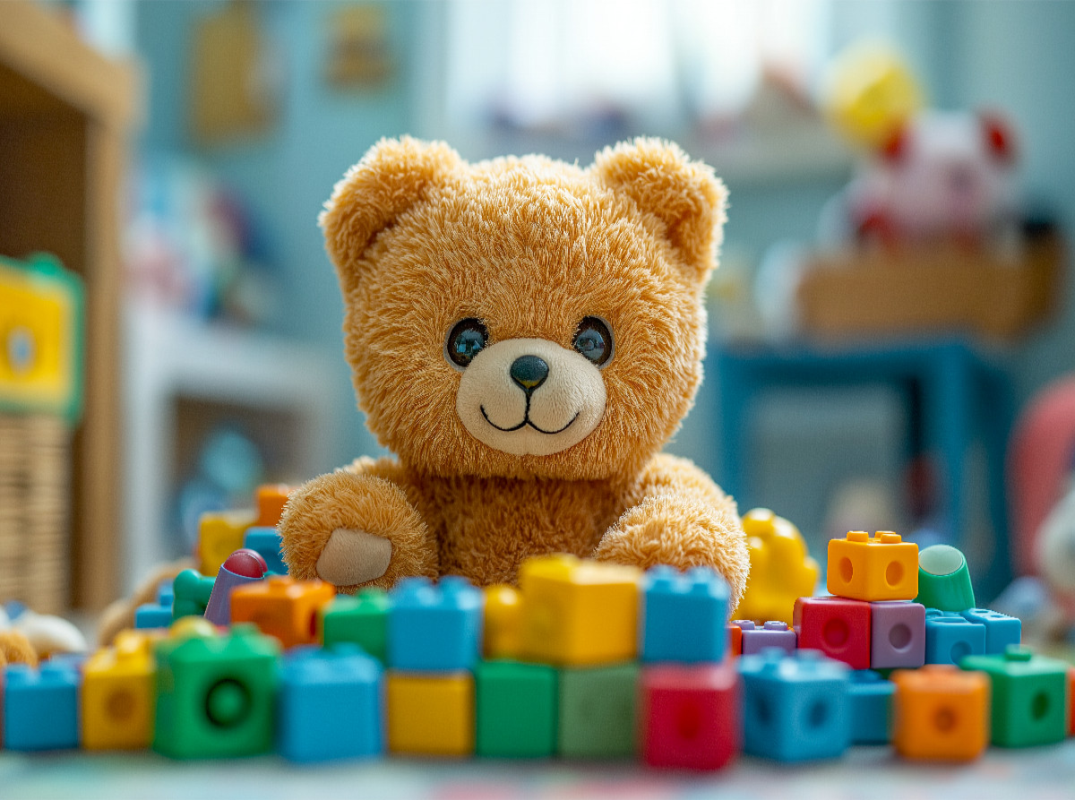 Niedlicher Baby Teddybär im Kinderzimmer mit buntem Spielzeug