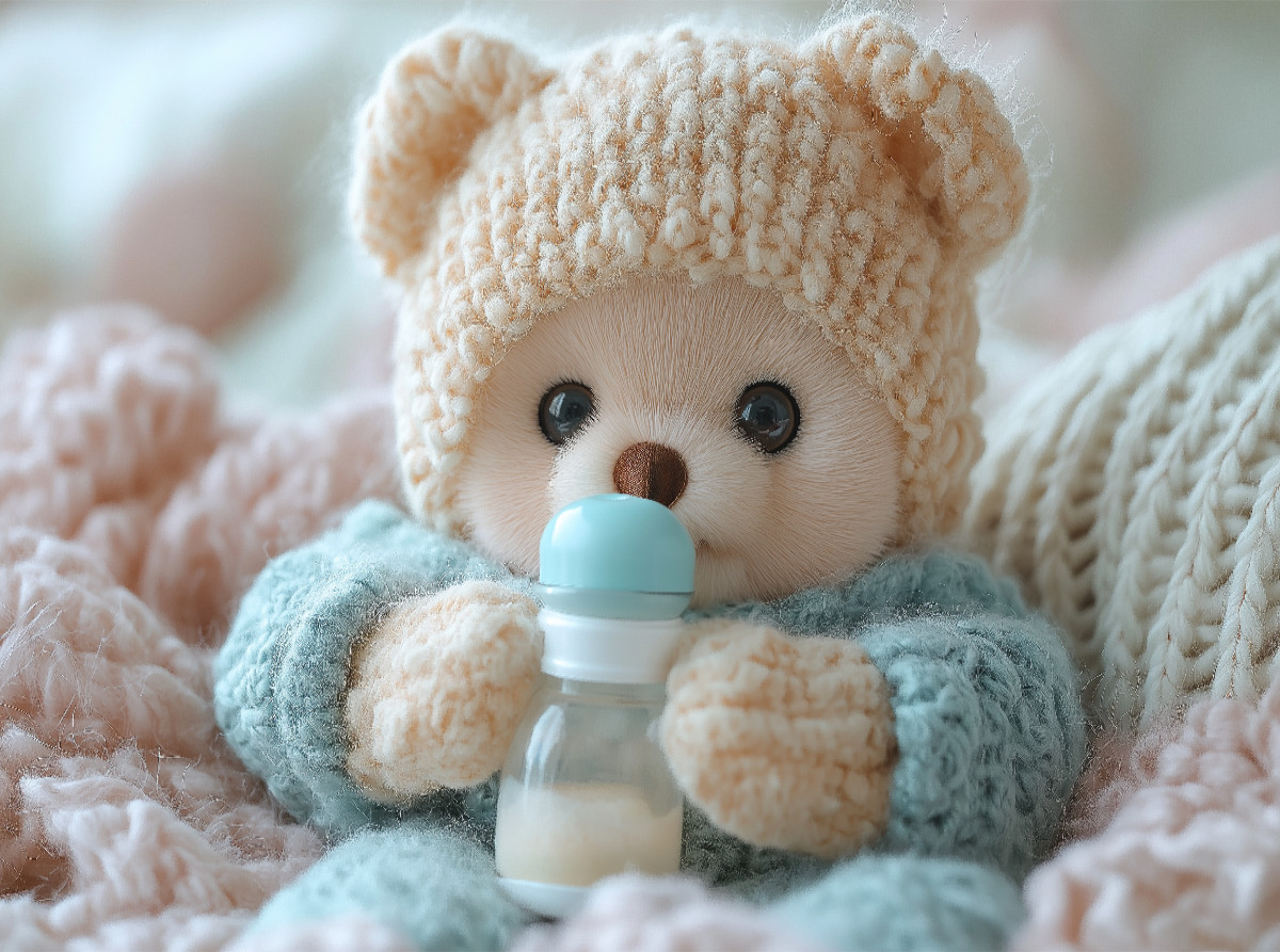 Niedlicher Baby Teddybär mit Trinkflasche - Ein Moment voller Geborgenhei