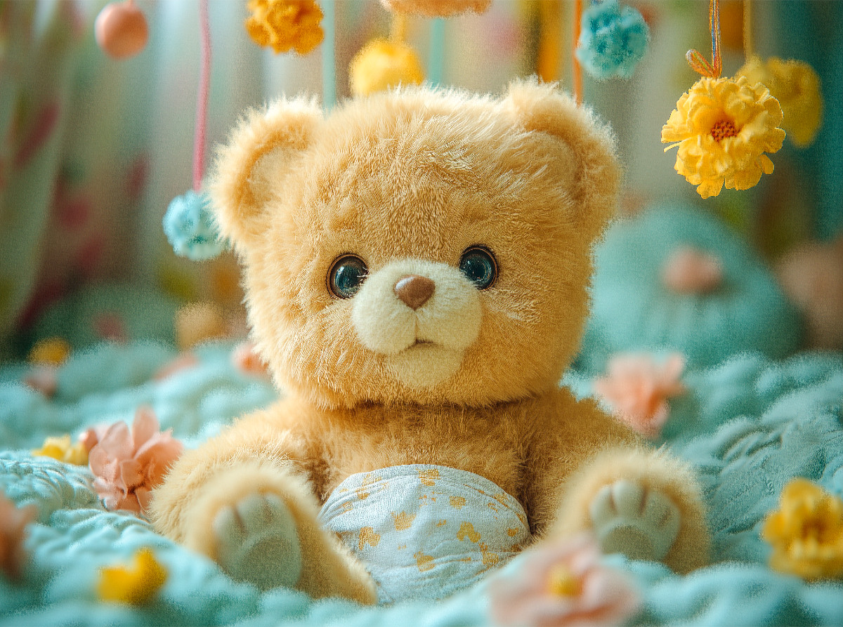 Niedlicher Baby Teddybär auf dem Wickeltisch