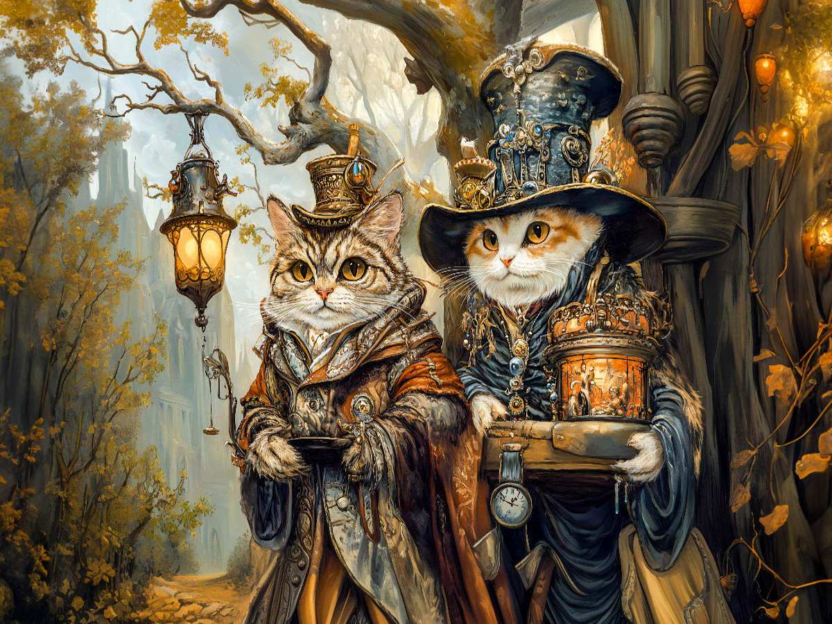 Zwei Katzen unter dem Märchenbaum im Steampunk