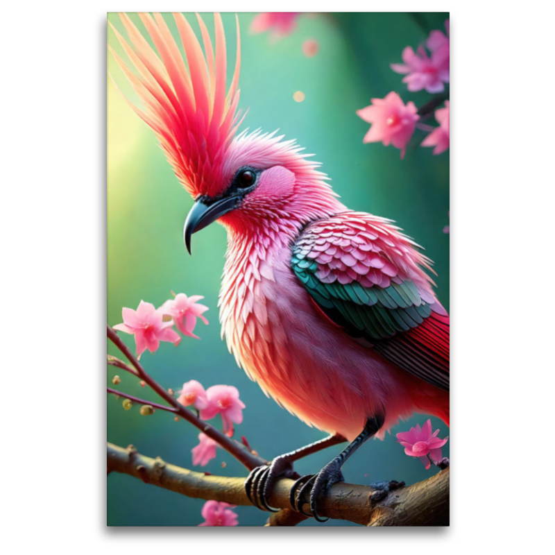 Ein bunter Paradiesvogel mit pinkfarbenen Federkamm inmitten zarten pinkfarbenen Blumen