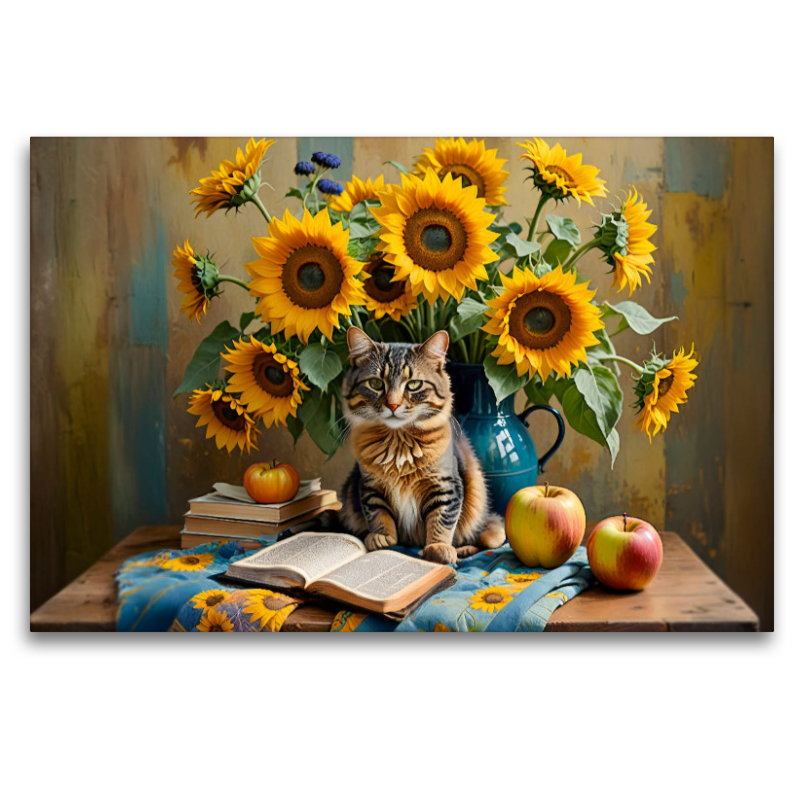 Katze mit üppigem Sonnenblumenstrauß