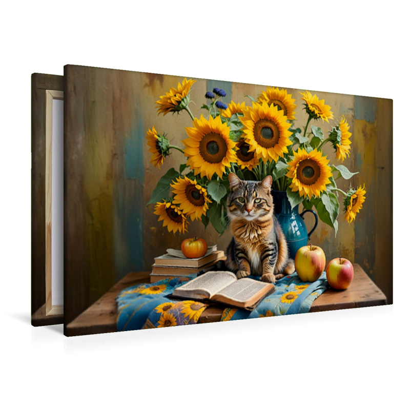 Katze mit üppigem Sonnenblumenstrauß