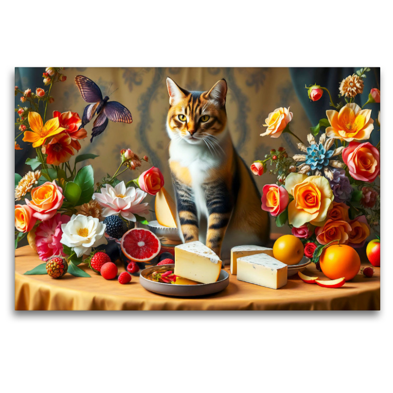 Katze auf Tisch mit Blumen und Obst im Stil der Alten Meister