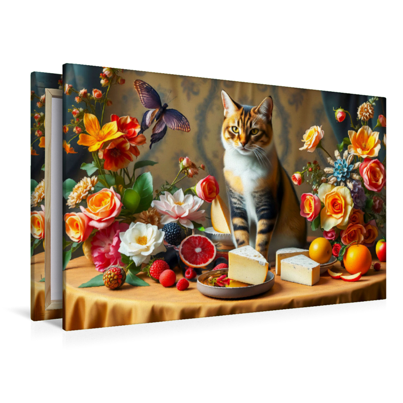 Katze auf Tisch mit Blumen und Obst im Stil der Alten Meister