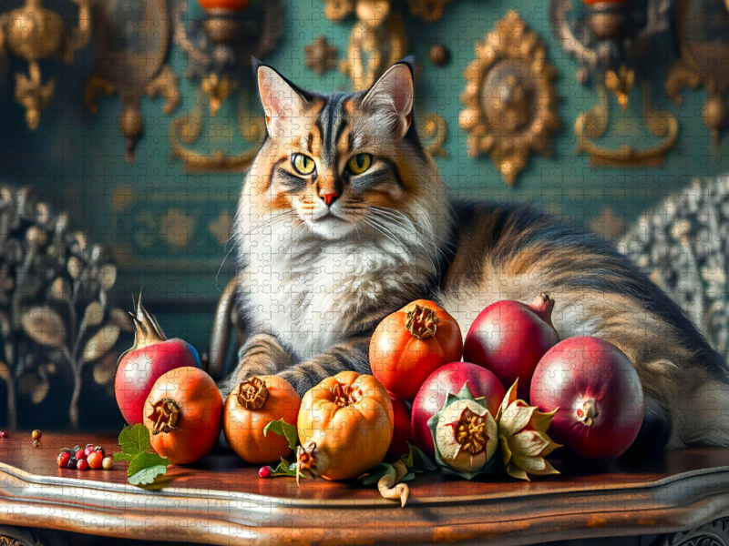 Katze auf Gründerzeit-Tisch mit reifem Obst