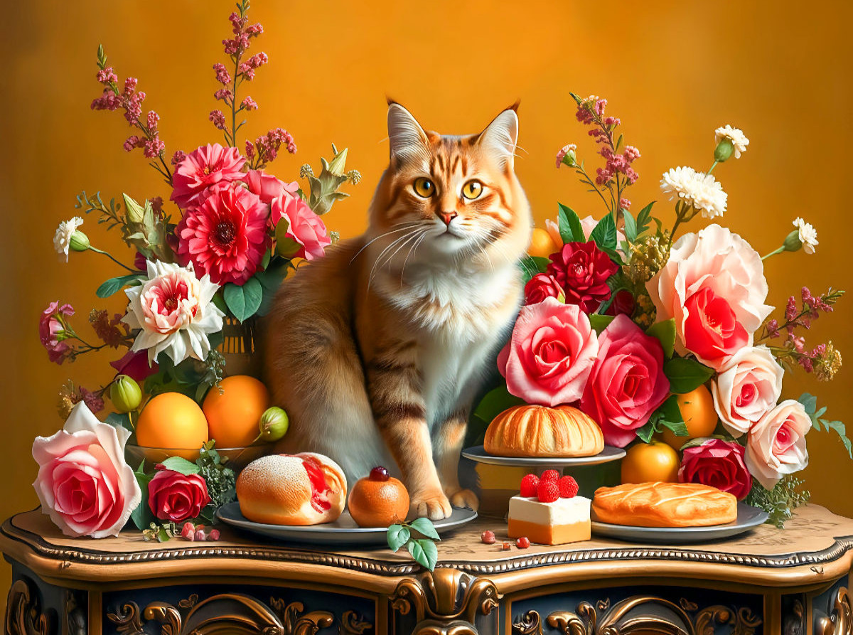 Katze auf Tisch mit Blumen und Obst im Stil der Alten Meister