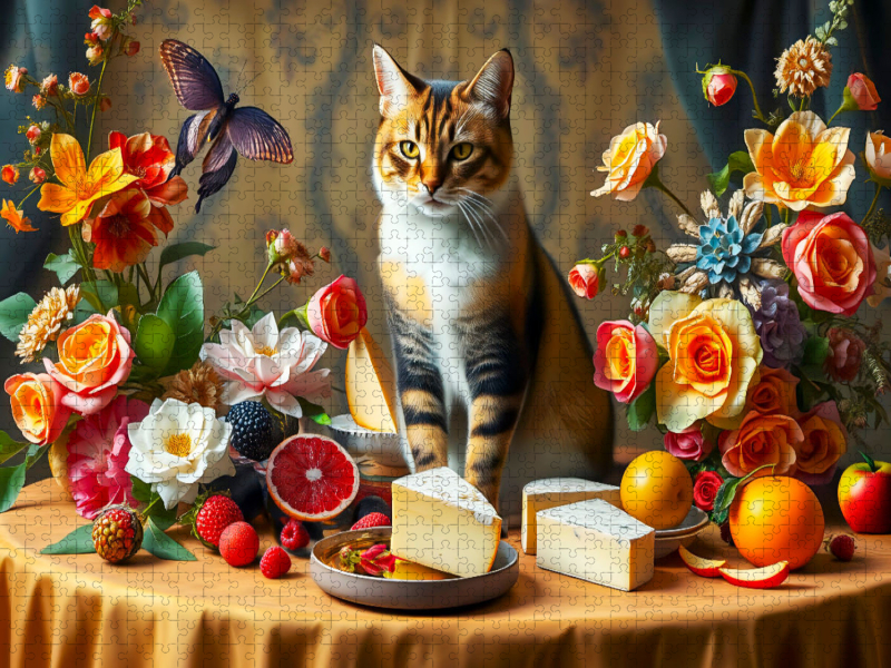 Katze auf Tisch mit Blumen und Obst im Stil der Alten Meister