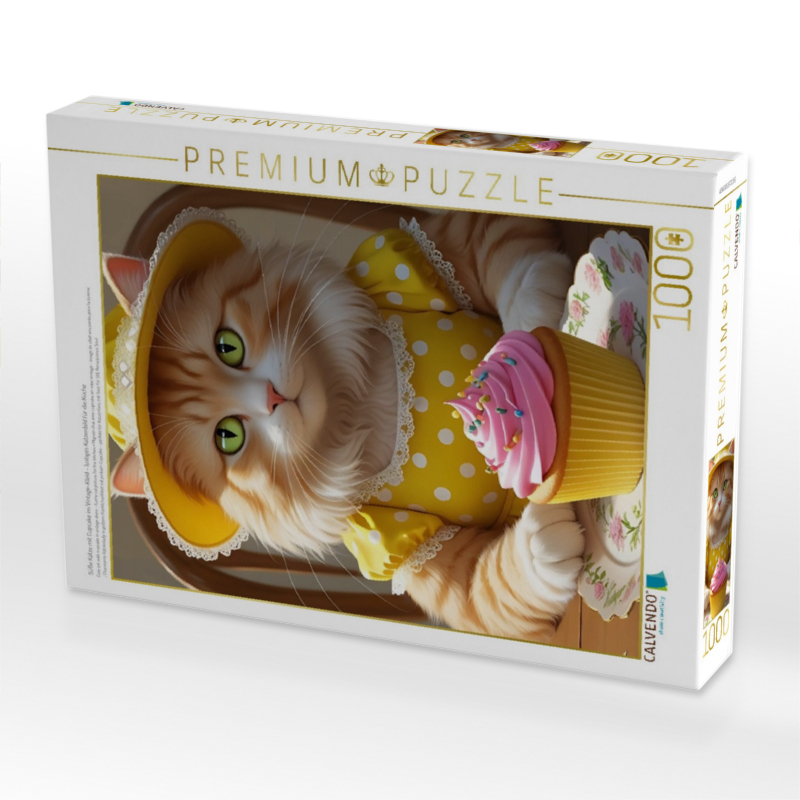 Süße Katze mit Cupcake im Vintage-Kleid – lustiges Katzenbild für die Küche