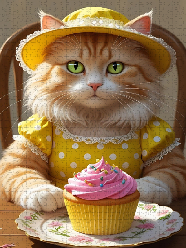 Süße Katze mit Cupcake im Vintage-Kleid – lustiges Katzenbild für die Küche