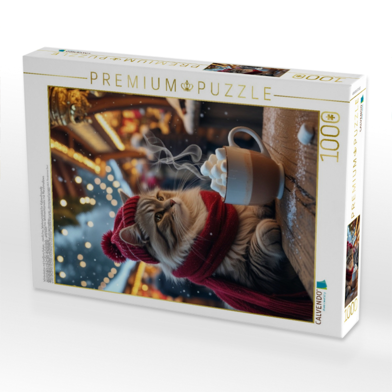 Winterkatze mit heißem Kakao – niedliches Weihnachtsbild für Katzenfreunde  Winterkatze mit heißer Schokolade – gemütliches Weihnachtsmotiv mit Marshmallows  Winterkatze mit heißer Schokolade