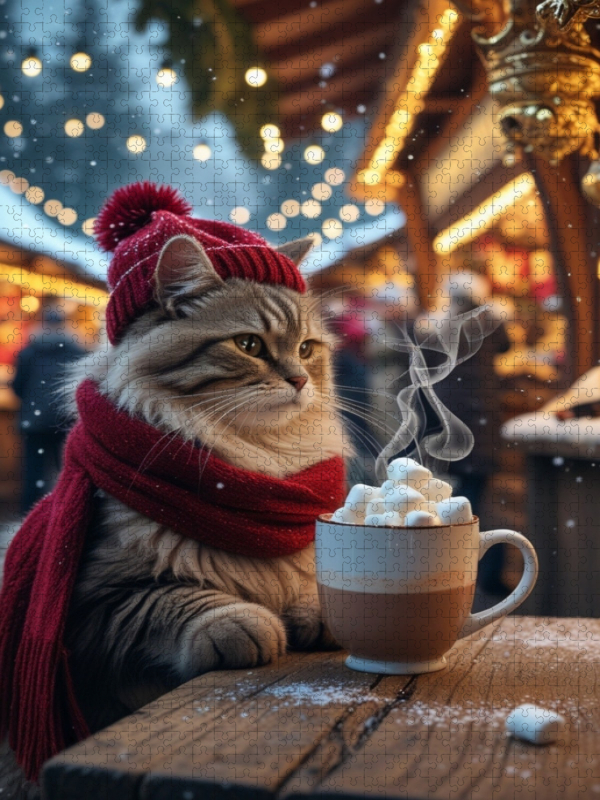 Winterkatze mit heißem Kakao – niedliches Weihnachtsbild für Katzenfreunde  Winterkatze mit heißer Schokolade – gemütliches Weihnachtsmotiv mit Marshmallows  Winterkatze mit heißer Schokolade