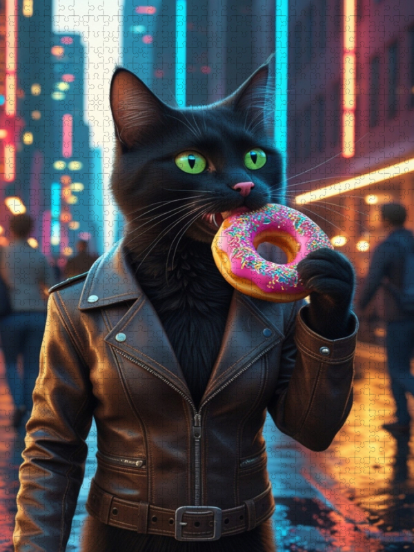 Coole schwarze Katze mit Donut – urbanes Katzenbild für Trendsetter