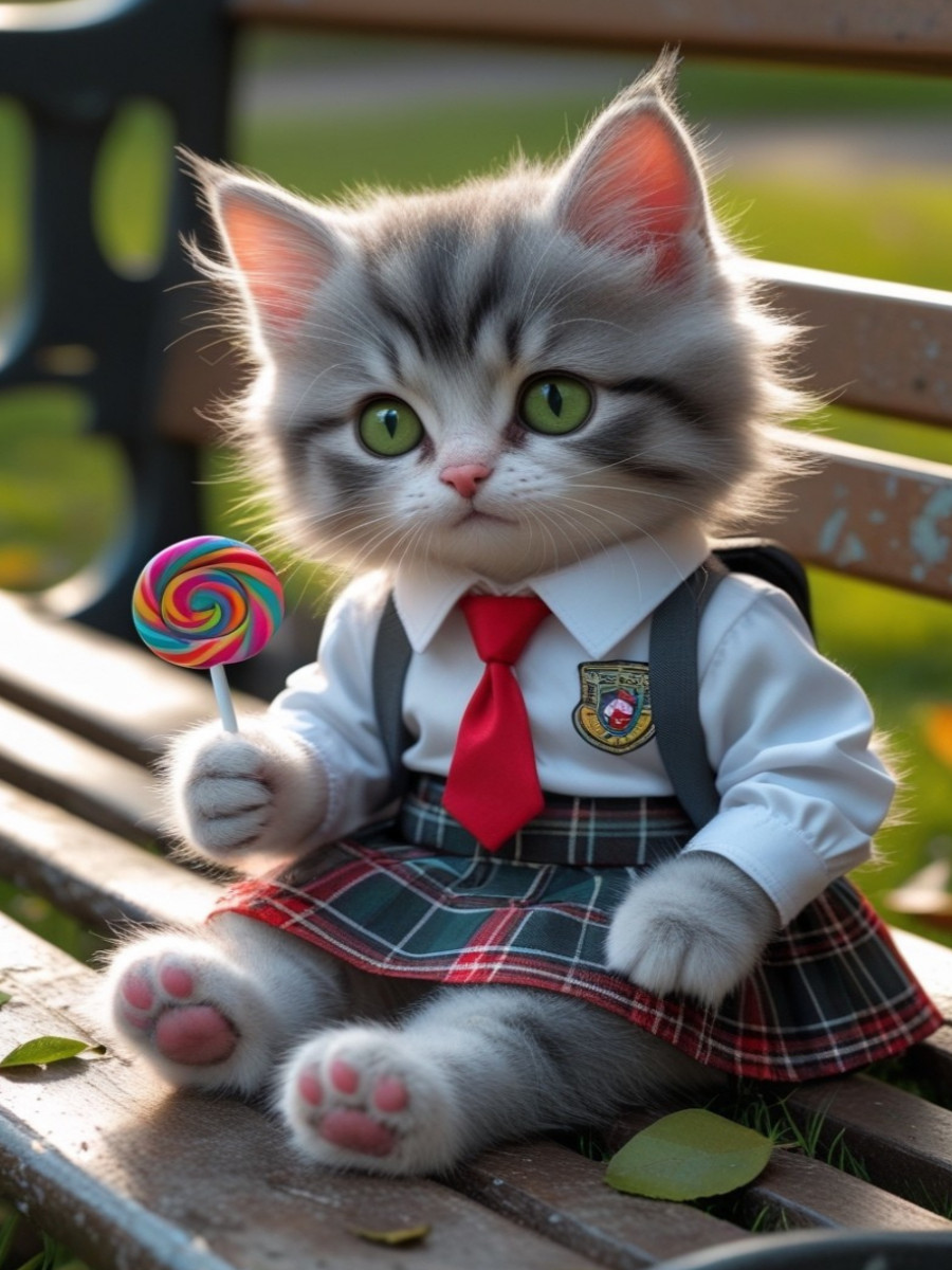 Kleine Schulkatze mit Lolli – niedliches Katzenbild mit Schuluniform